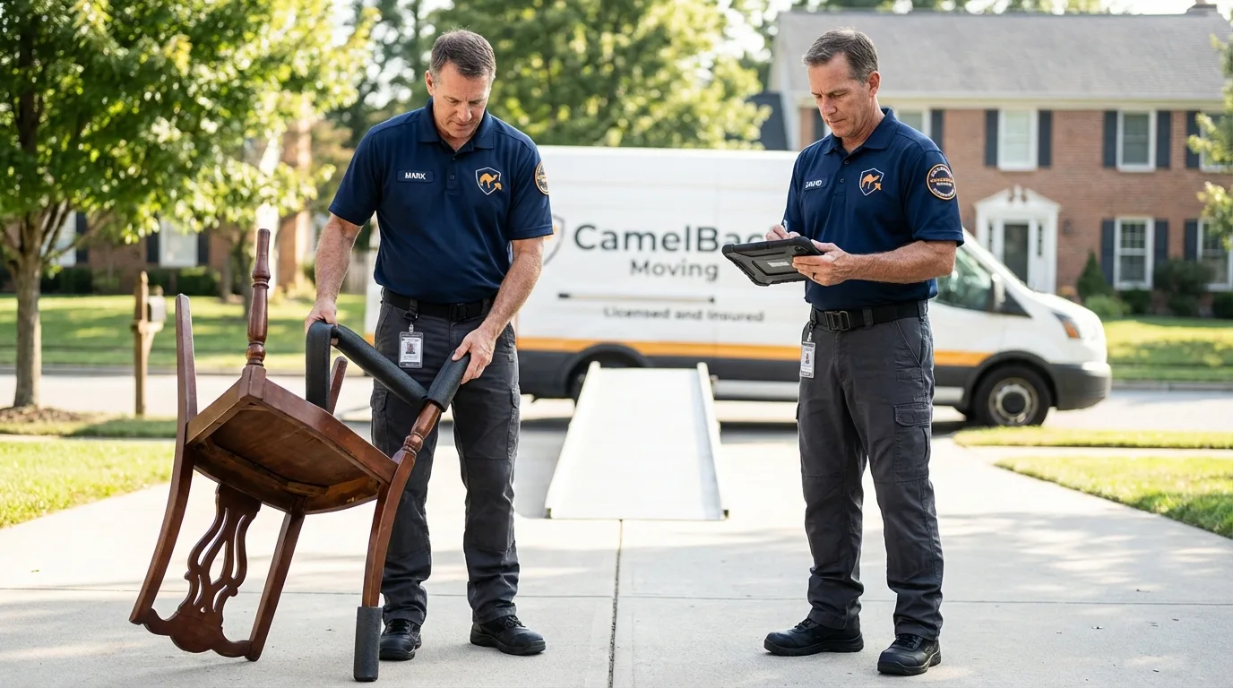 Movers inspecting furniture for damage prevention before loading in Richmond, MA