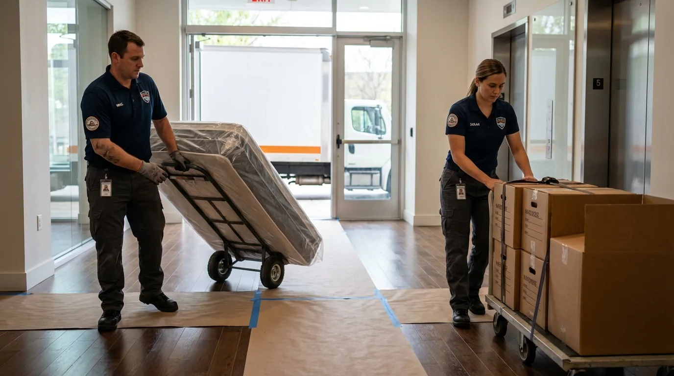 Professional apartment movers loading elevator in Richmond, MA