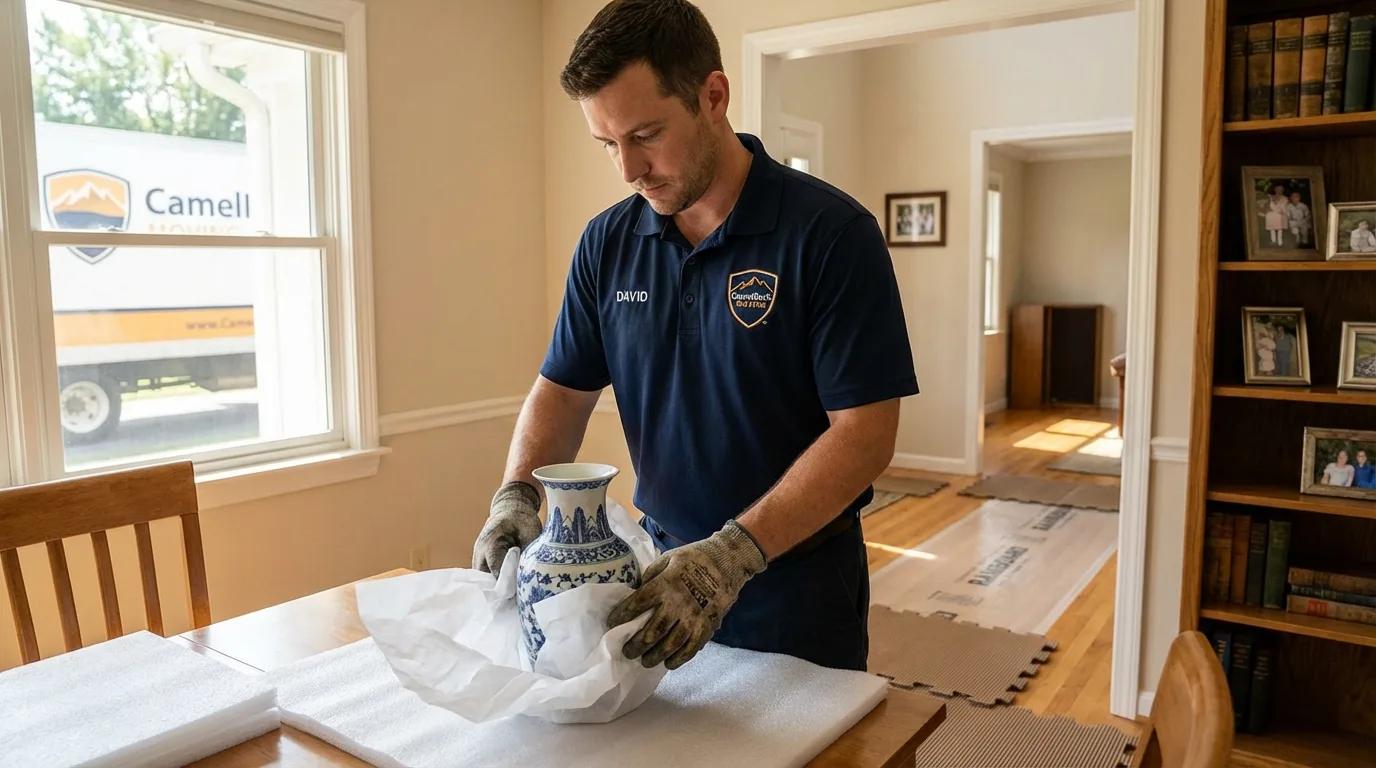 Professional crew carefully wrapping antique vase for senior downsizing move in Richmond, MA